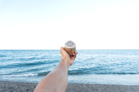 Person Holding Upward Brown Speaker In Front Of Sea