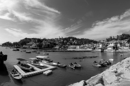Grayscale Photography Of Port Near Houses photo