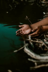 Persons Hands On Body Of Water photo