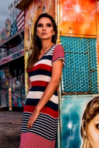 Woman Wearing White Red And Blue Stripe Dress