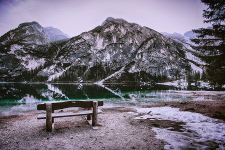 Brown Wooden Bench Near Mountain Hill photo