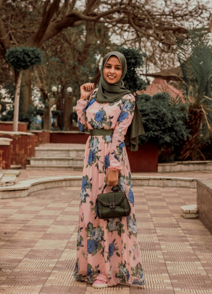 Woman Wearing Pink And Blue Floral Dress