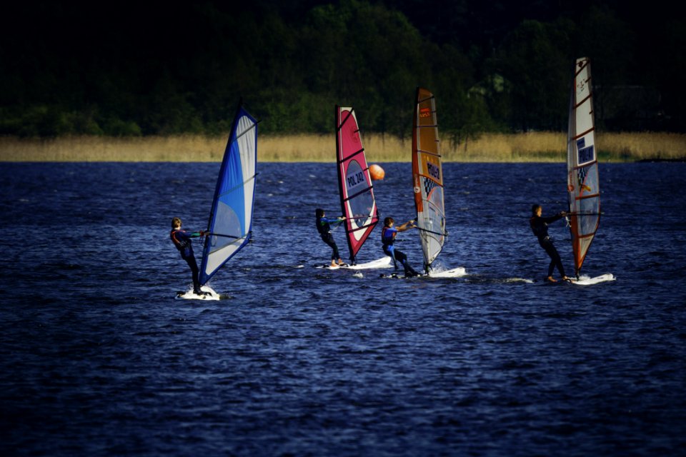 Four Person Riding Wind Sailboard On Body Of Water