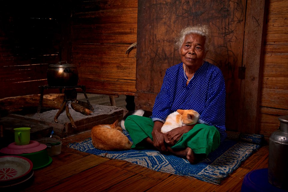 Woman With White Hair In Blue Long-sleeved Top Sitting With White And Orange Tabby Cat