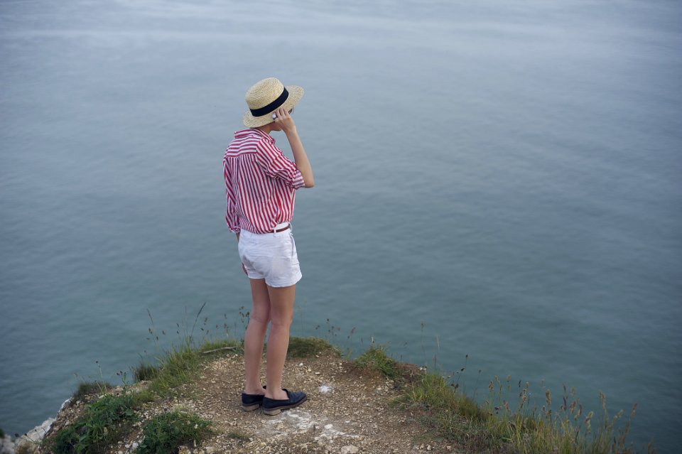 Girl In Red And White Striped Dress Shirt