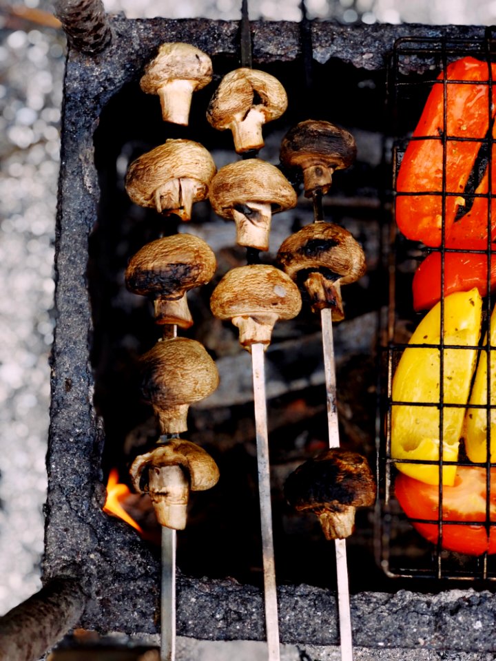 Grilled Mushrooms On Charcoal Grill