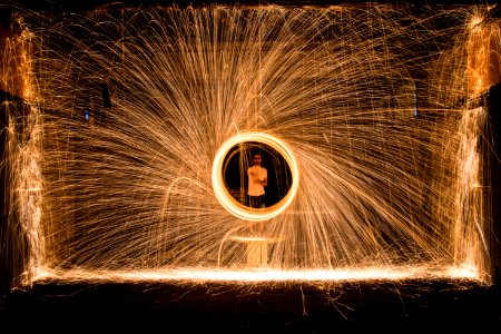 Yellow Sparks In Front Of Person In White Top photo