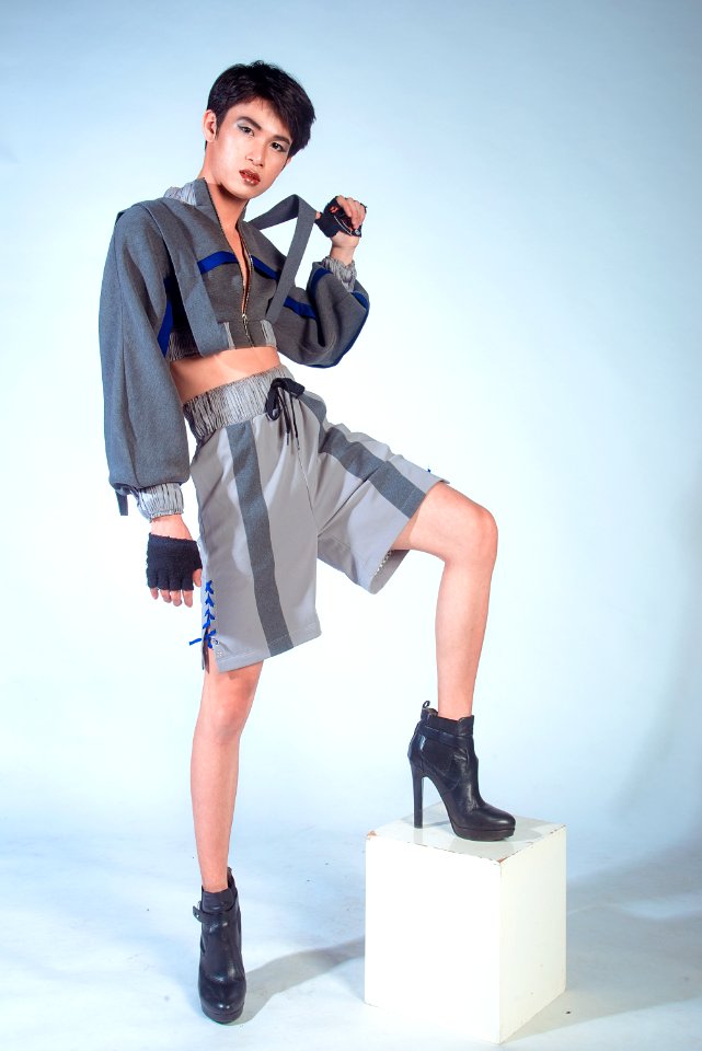 Man In Grey Long-sleeved Crop Top Wearing Black Leather Heeled Booties