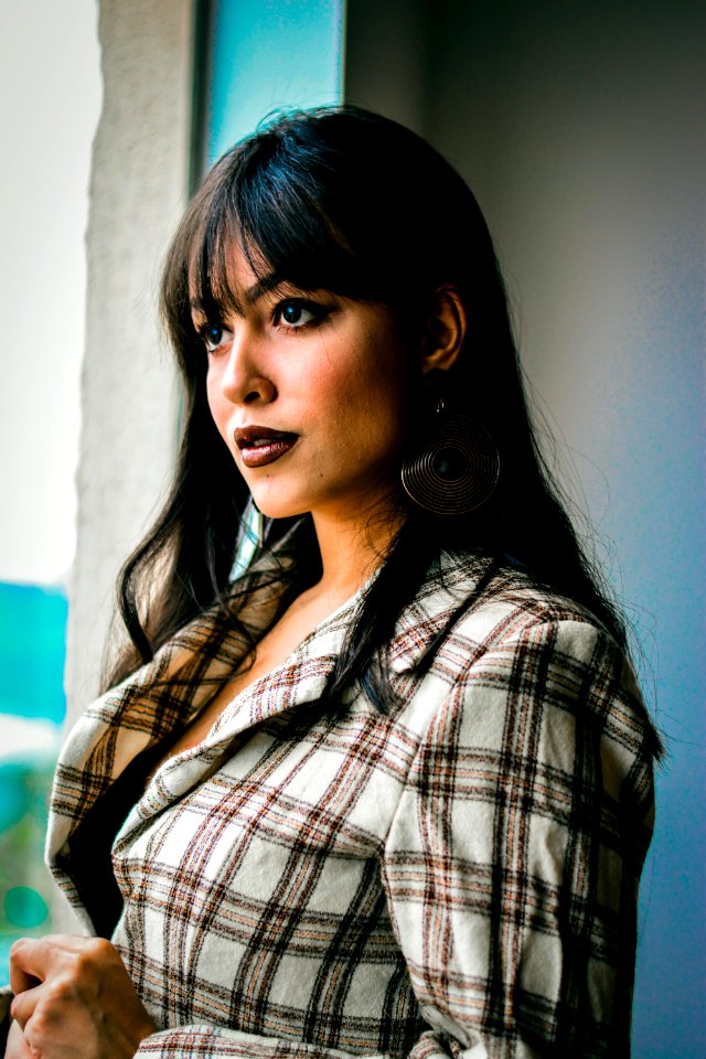 Woman Wearing Gray And Brown Plaid Dress Shirt