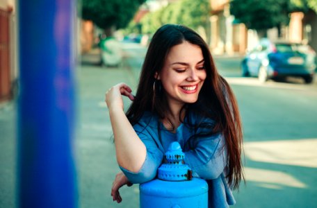 Woman Wearing Blue Long-sleeved Shirt photo
