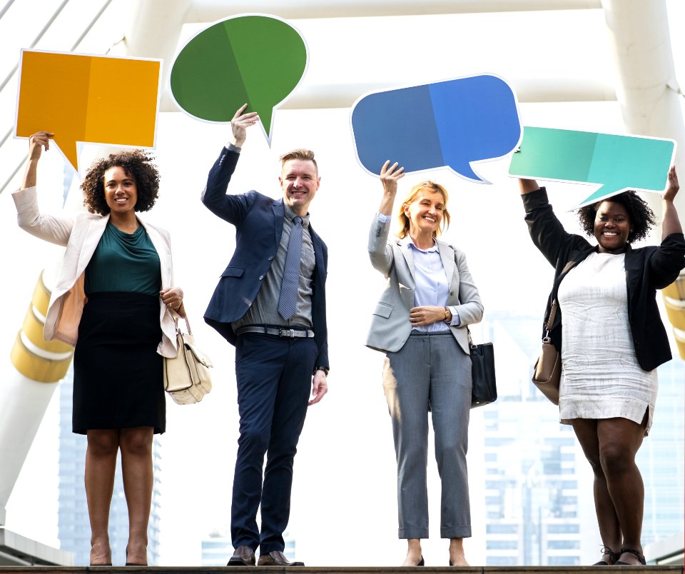 Four Person Holding App Banners