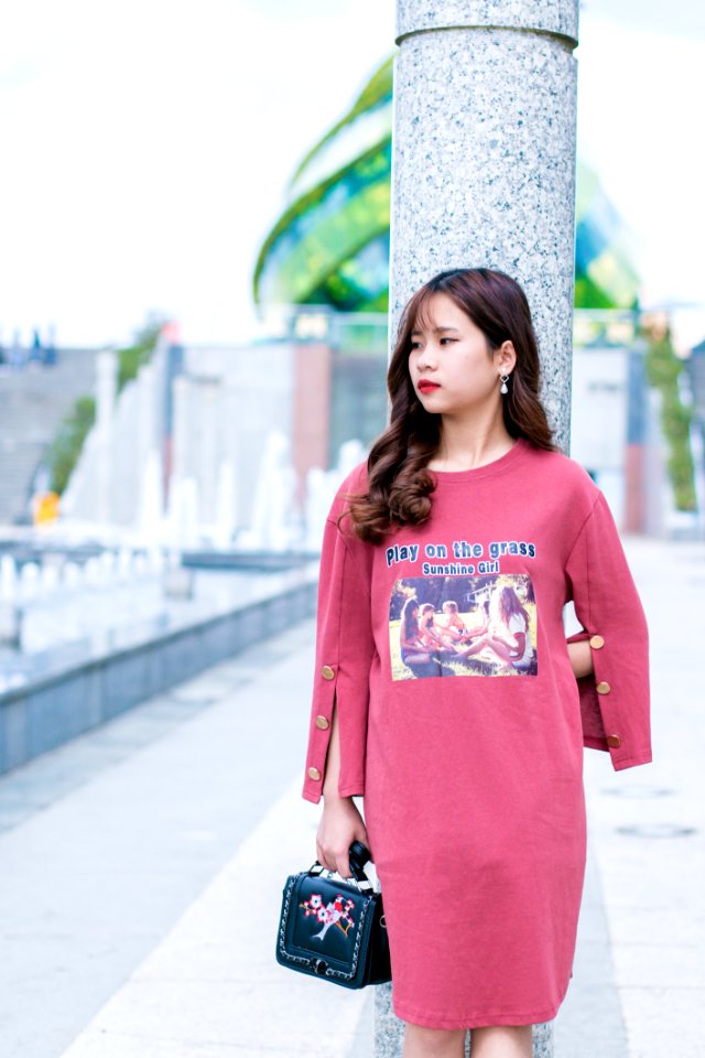 Woman Wearing Pink Crew-neck Long-sleeved Dress Standing Beside Gray Marble Pedestal Column
