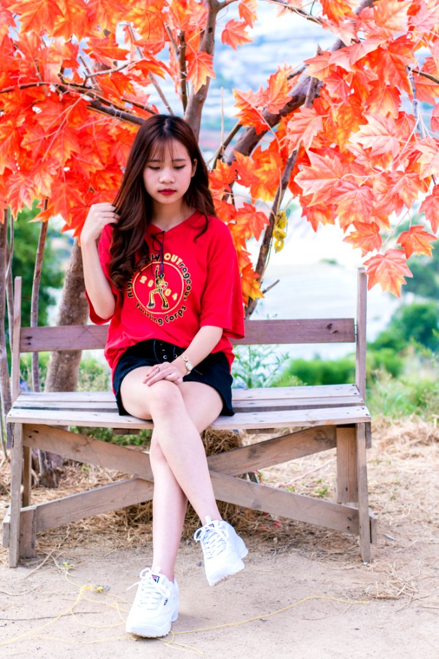 Woman Wearing Red V-neck Shirt Sitting Near Red Leafed Tree