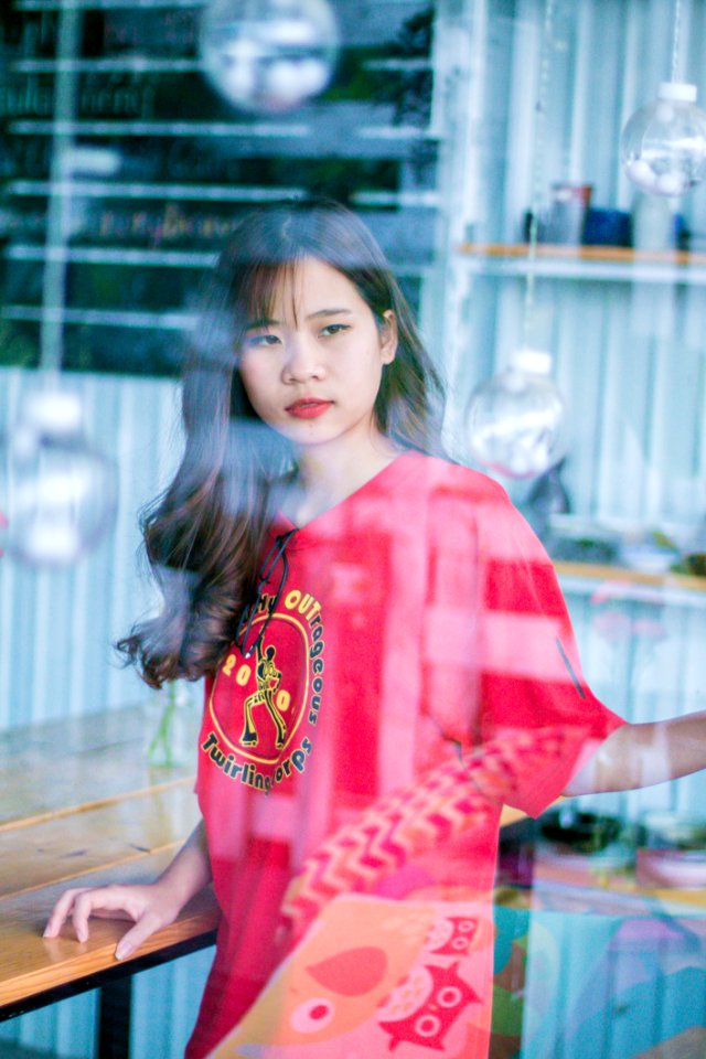 Woman Wearing Red Crew-neck Shirt