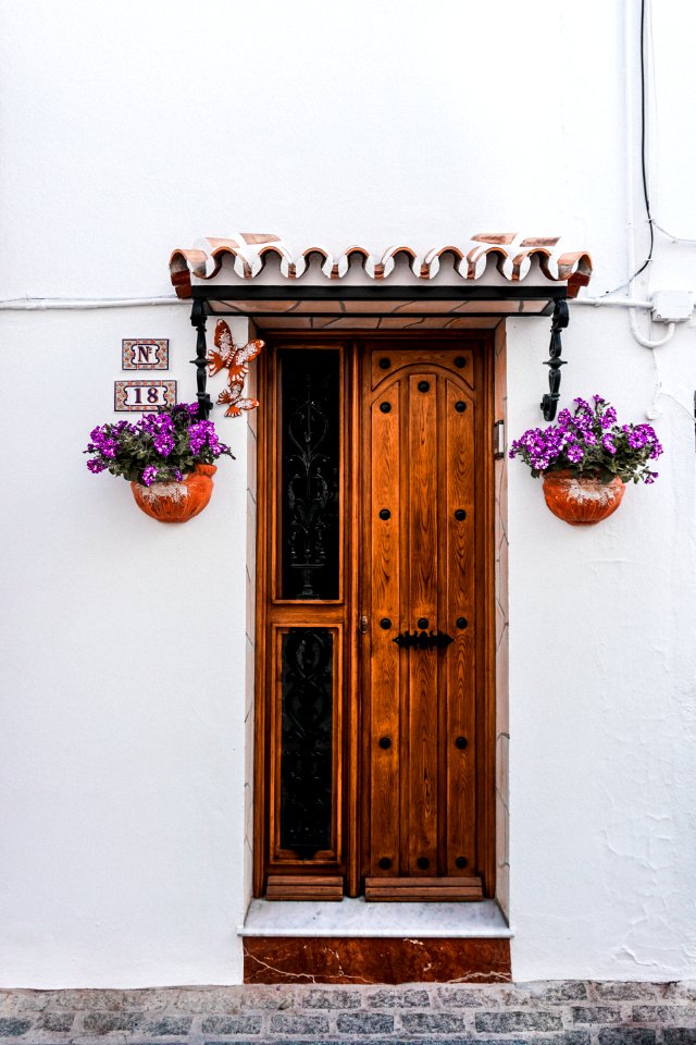 Brown Wooden Door Beside Two Purple Petaled Flowers