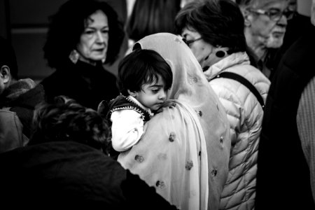 Grescale Photography Of Woman Carrying Boy photo