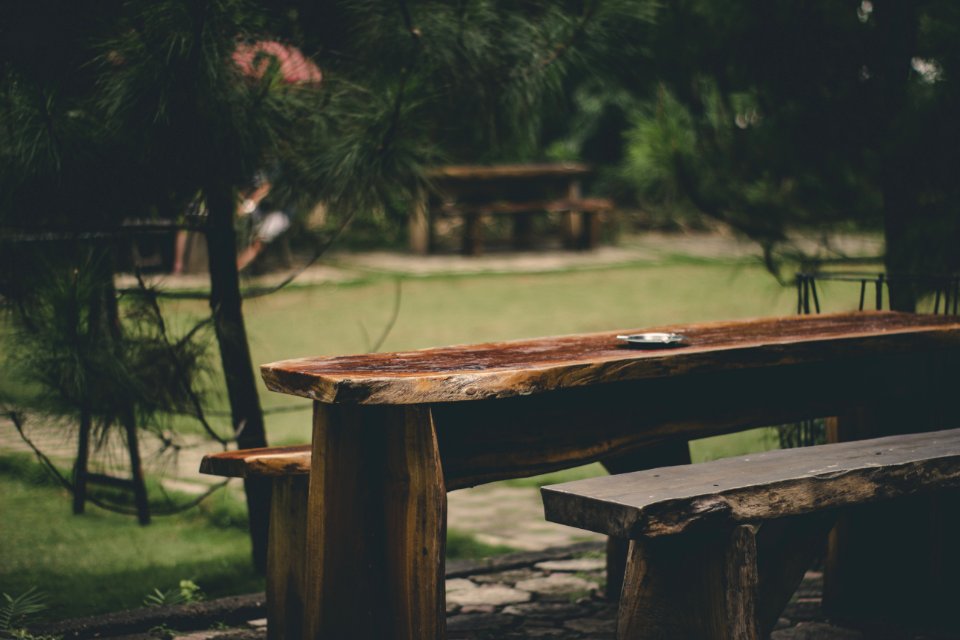Gray Ashtray On Brown Wood Slab Table