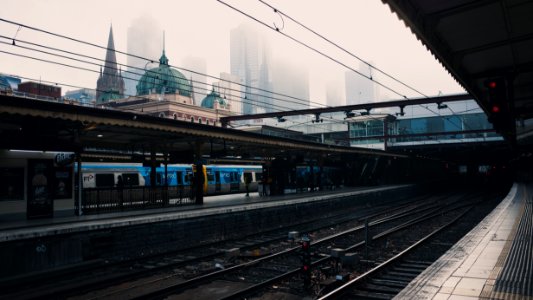 Stock Photography Of Blue And White Train At Station