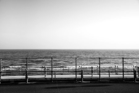 Grayscale Photography Of Fence Beside Ocean photo