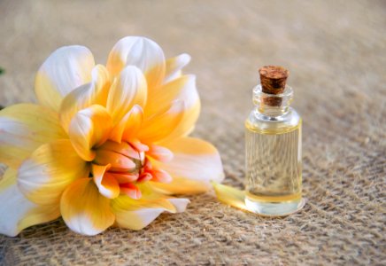 Close-Up Photo Of White And Yellow Flower Near Glass Bottle photo