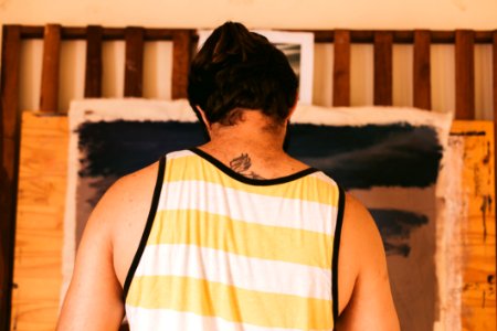 Man Wearing Yellow And White Tank Top photo