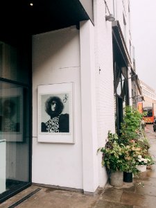 Grayscale Photo Of Man Portrait On Wall Near Potted Plants