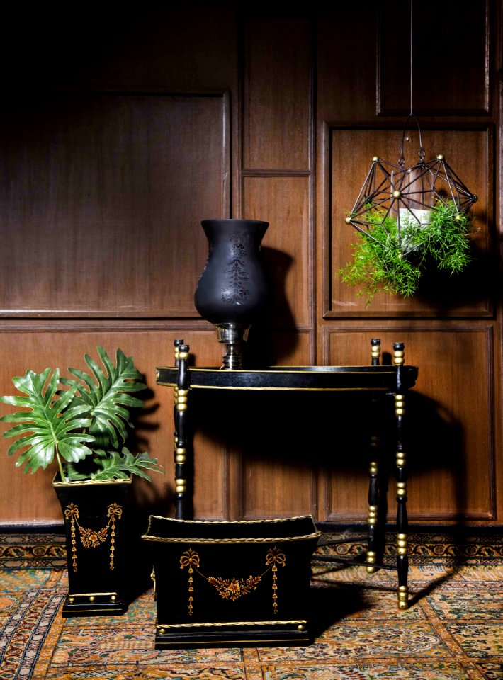 Black Wooden End Table Near Square Brown And Black Wooden Pot And Rectangular Black And Brown Wooden Trunk