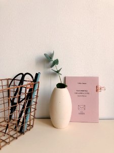 White Ceramic Vase Near Brown Metal Case photo