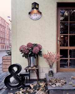 Maroon Flower Bouquet Under Black And White Wall-mount Light Mounted On Beige Concrete Wall