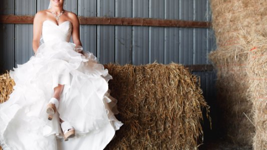 Woman In White Strapless Sweetheart Neckline Bridal Gown Sitting Of Brown Hay photo