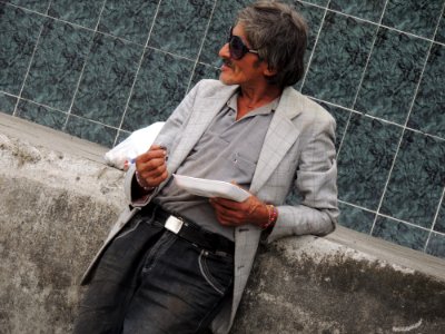 Man, Male, Sitting, Denim photo