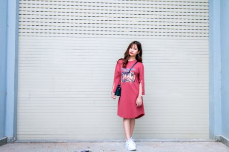 Woman Wearing Pink Long-sleeved Dress Standing Behind The Wall photo