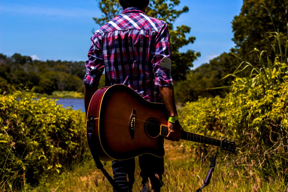 Man In Pink Black And White Plaid Dress Shirt Holding A Guitar Near Green Bush