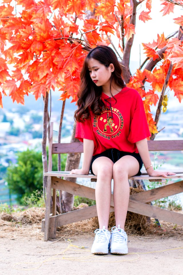 Woman Wearing Red Shirt Sitting On Bench Near Tree