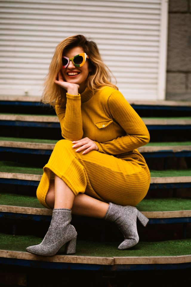 Womens Yellow Long-sleeved Dress