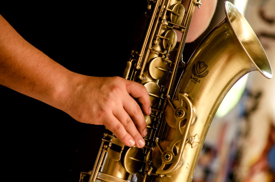 Person In Black Shirt Playing Brass-colored Saxophone