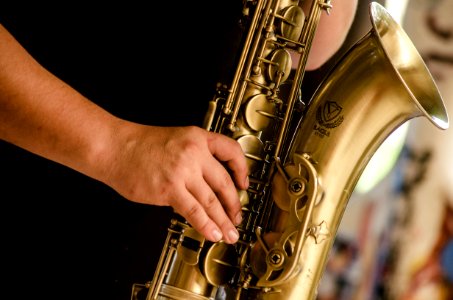 Person In Black Shirt Playing Brass-colored Saxophone