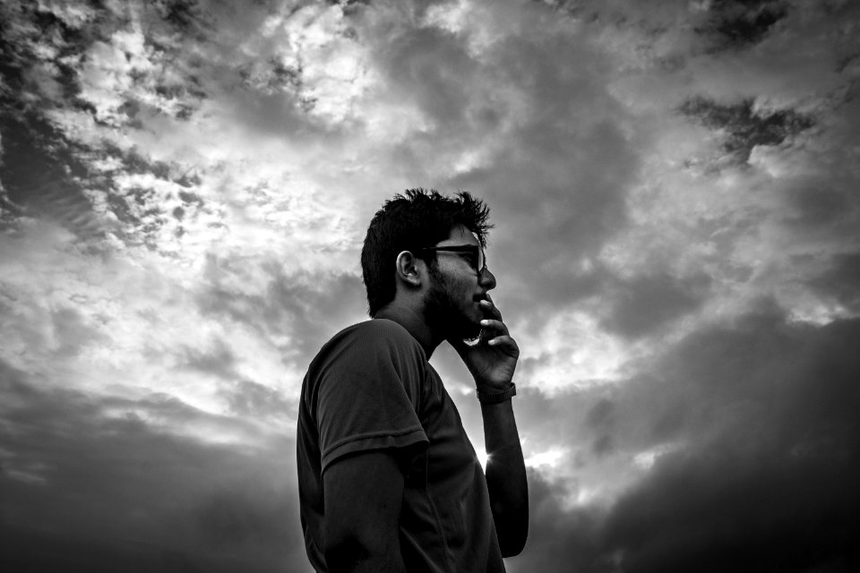 Man Wearing T-shirt Grayscale Photograph