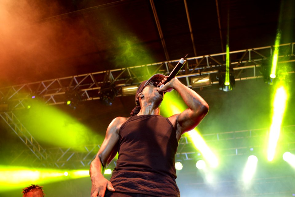 Man Wearing Black Tank Top Using Microphone On A Concert photo