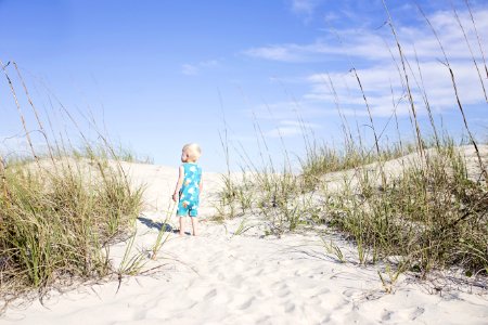 Toddler Wearing Blue Shirt Standing On White Sand Near Green Grass Photo