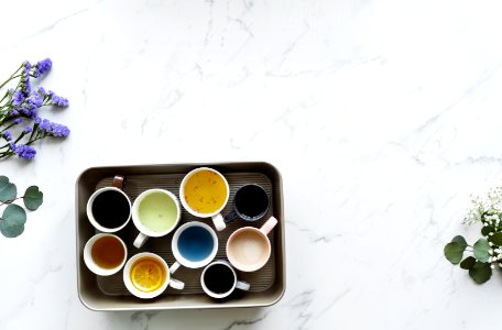 Aerial View Of Many Different Cups Of Beverages photo