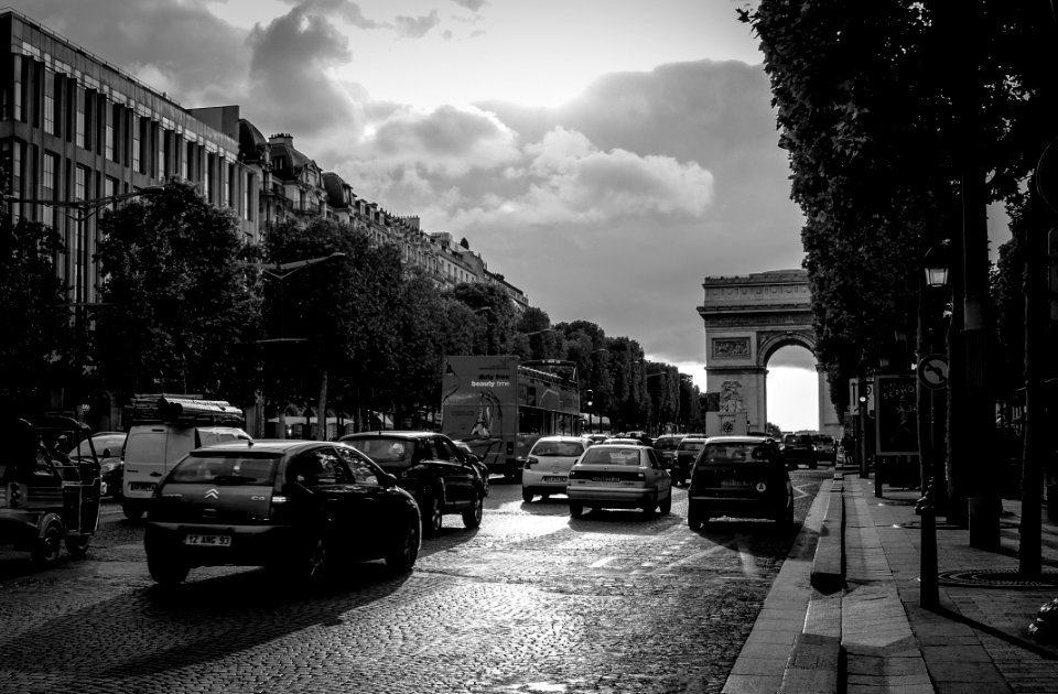 Grayscale Photo Of Busy Streets With Building photo