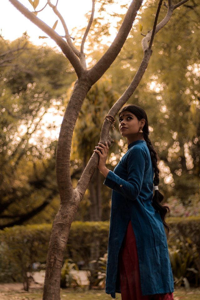 Woman Wearing Blue And Red Dress Standing Beside Tree