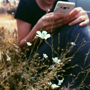 Selective Focus Photography Of White Petaled Flowers Near Woman Holding Smartphone photo