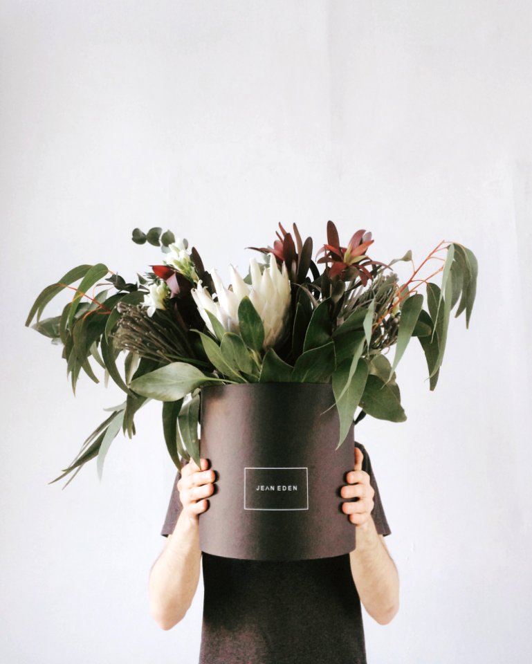 Person In Black T-shirt Holding Potted Flowers