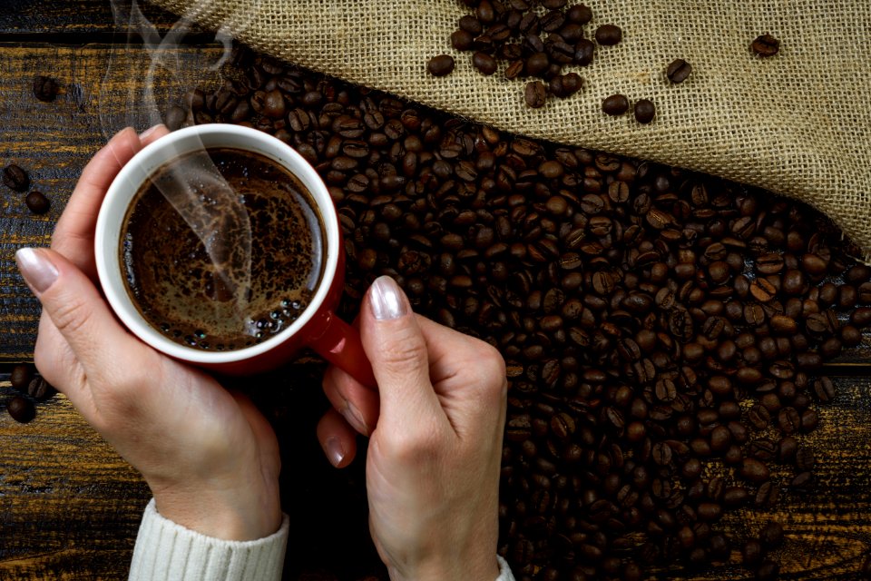Person Holding Red Cup Of Coffee Cup With Coffee Above Coffee Beans