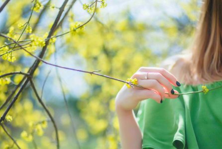 Closeup Photography Of Woman Wearing Green Top Holding Leaf