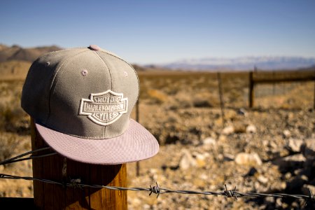 Gray Harley-davidson Motorcycles Flat-brimmed Cap Hanged On Brown Wooden Fence With Gray Barb Wires photo
