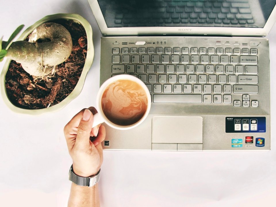 Person Holding White Mug On Gray Laptop Computer photo