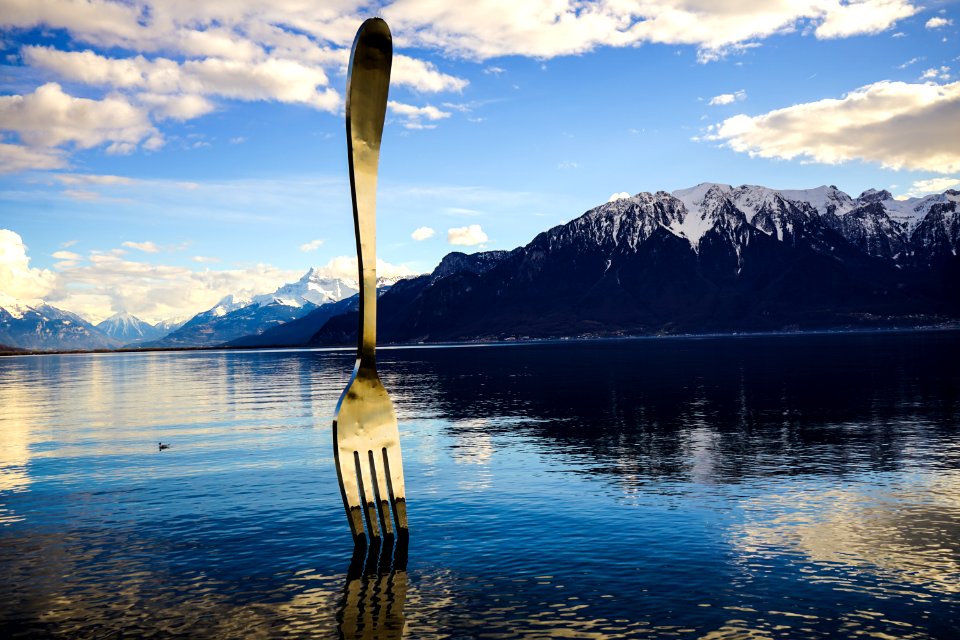 Gray Stainless Steel Fork On Water With Overlooking Mountain At Daytime